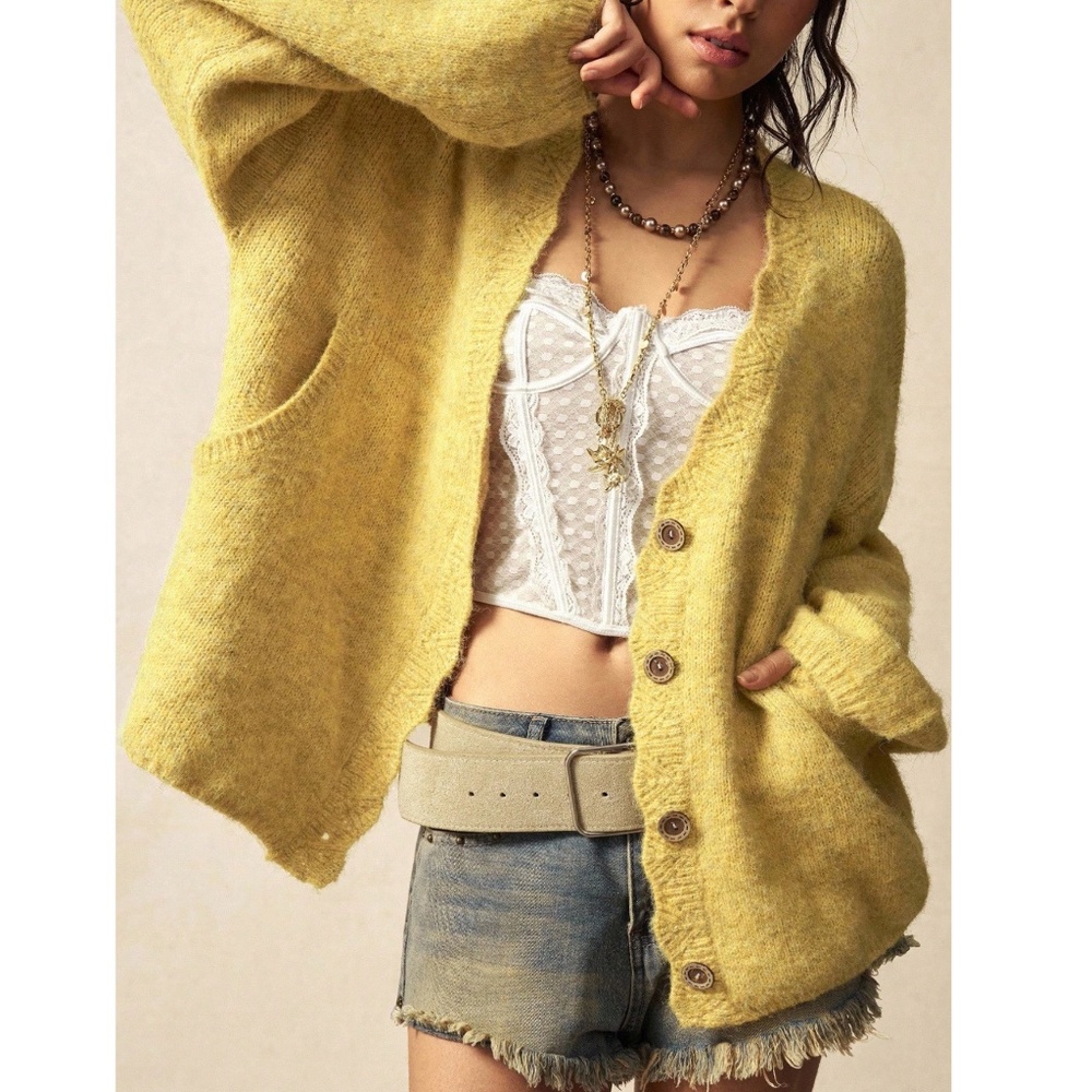 Solid Yellow Knit Button Down Oversized Cardigan - image 1
